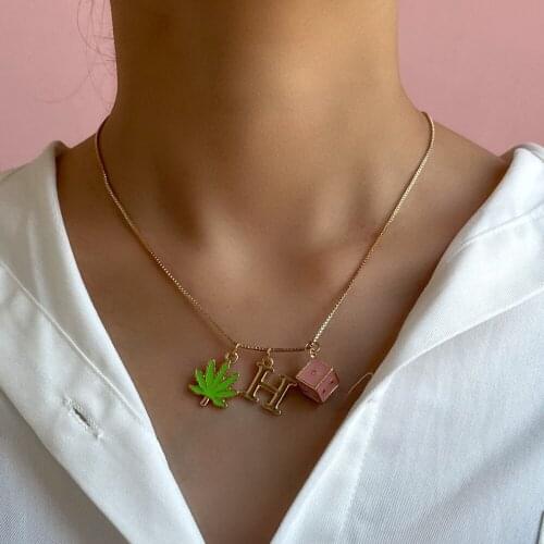 Kpop Cute Letter Square Dice Pendant Necklace For Women Girl Creative Simple Green Enamel Leaf Chain Choker Necklaces Jewelry