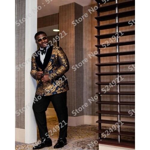 Men Suits Navy Blue and Gold Pattern Groom Tuxedos Shawl Black Lapel Groomsmen Wedding Best Man ( Jacket+Pants+Bow Tie ) C709
