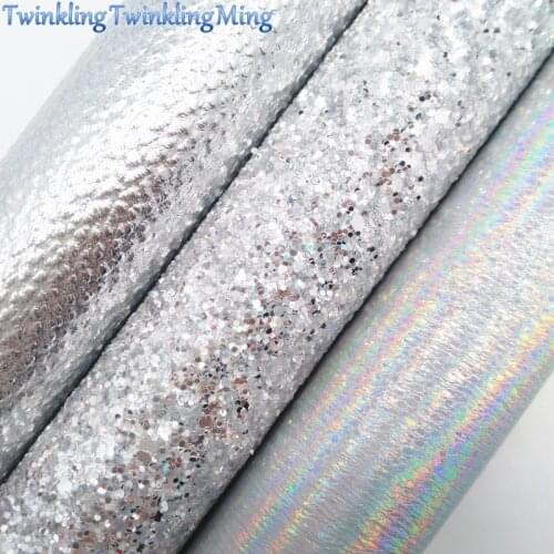 SILVER Iridescent Glitter Fabric, Faux Leather Fabric, Synthetic Leather Sheet For Bows A4 Size 8"x11" Twinkling Ming XM105