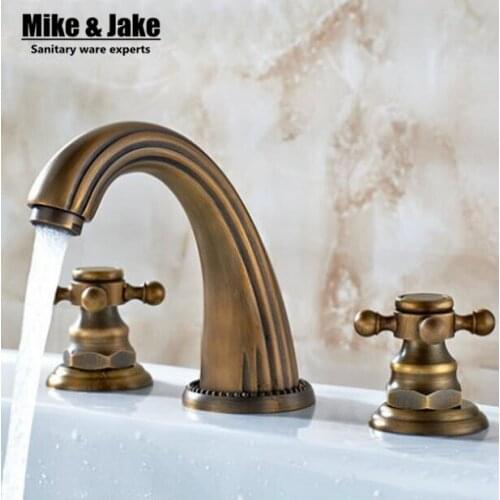 Double handle 3pcs set deck mounted antique brass faucet bathroom sink tap basin mixer vintage bathroom tap