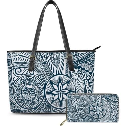 Stylish Polynesian tribal style Pattern Print custom Large Leather Tote Bag Handbag for Travel Ladies Shoulder Bag PU purses