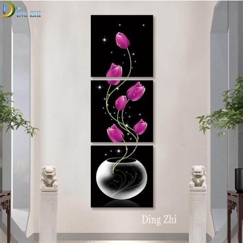 Triptych Diamond Embroidery Tulip Flower 3 Pieces Cross Stitch Diamond Painting 5D Rhinestones Beaded Needlework Home Decor