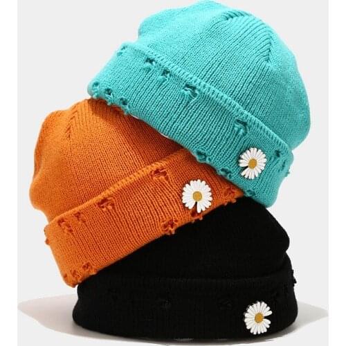 Unisex 2021 Daisy embroidery Ripped Hats Men Women Street Hip-hop Cap Autumn Winter Outdoor Windproof Cold Curled Knitted Hats