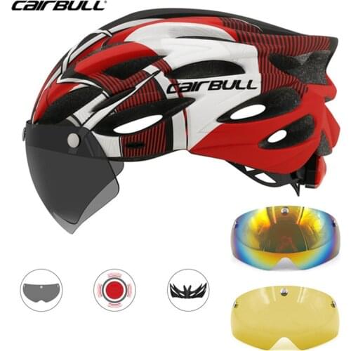 Cairbull 3 Lens Cycling Helmet Road Bike With Taillight Bicycle In-mold MTB Safety Outdoor Ricing Helmet Removable Visor Goggles