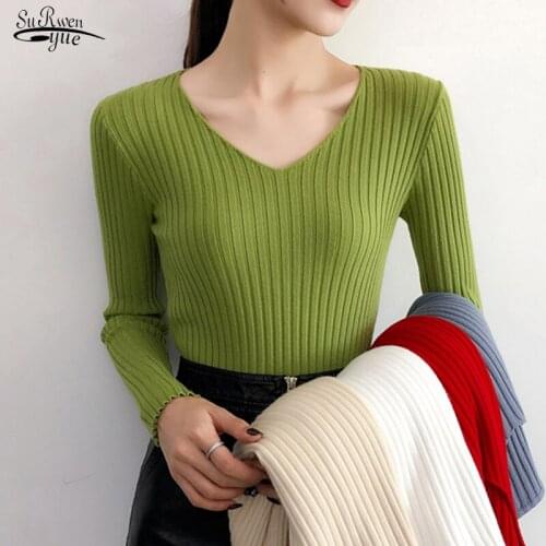 Long Sleeve V Neck Knitted Sweater Female Autumn and Winter 2021 Pullover Women Sweater Bottom Slim Casual Jumper Sweaters 16251