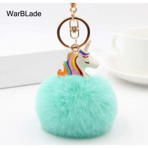 WarBLade Cute Pompom Unicorn Keychain Artificial Fluffy Rabbit Fur Ball Key Chain Porte Cle Women Car Bag Key Ring llavero mujer