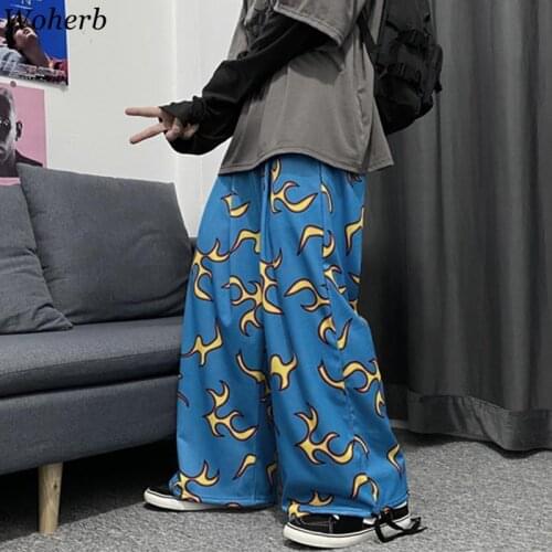 Woherb Korean Vintage Flame Print Wide Leg Pants Women Man Fashion Streetwear 2021 Harajuku Loose Pant Casual Pantalone De Mujer