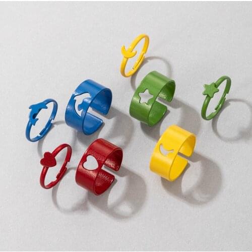 Y2K Candy Color Ring Alloy Hollow Heart Dolphin Rings 8-piece Set Women Accessories Adjustable Finger Ring Gift