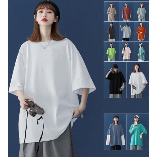 Summer Tee Shirt Women Korean Style Simple Solid O-Neck 100% Cotton All-Match Basic Harajuku Oversize T Shirts