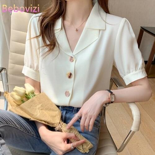 S-XXL 2021 Fashion New Summer Casual White Notched Short Sleeve Button Up Tops and Shirts for Women Office Lady Work Clothes