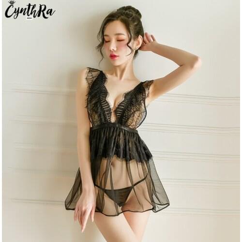 CYNTHRA Women Sexy Lingerie Nightwear Large Size Female Breathable Lace Suspenders Sleepwear Thin Peacock Skirt Nightdress Suit