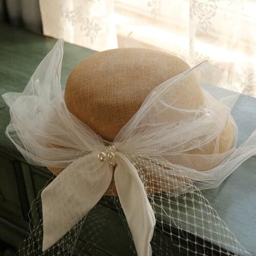 Vintage Breathable Linen Women Summer Fedoras Large Bow Mesh Gauze Sun Sombrero Elegant Ladies Party Wedding Bucket Hat Spring
