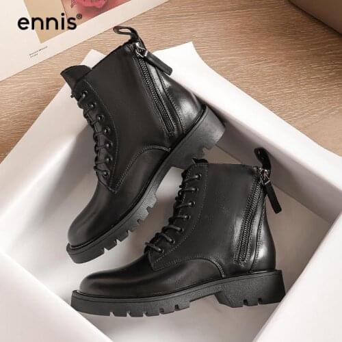 ENNIS Womens Genuine Leather Shoes Lace Up Martin Boots Platform Retro Shoes Low Heel Ankle Boots Autumn Designer Winter Boots