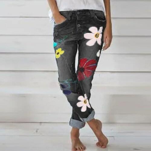 New Flower Print High Waist Jeans For Women Pants Slim Jean Bottoms Skinny Push Up Jeans Woman Streetwear Plus Size Trousers