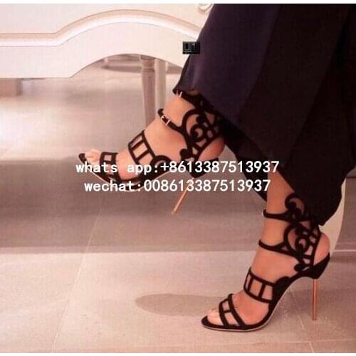 2017 Summer Latest Women Sexy Black Birdie Cutout Metal Heel Suede Sandals Birdcage Thin Heels Party Wedding Shoes Big Size 42