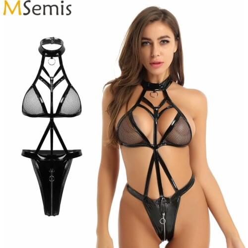 Women Leather Body Suit Halter Sheer Fishnet Cup Zipper Open Crotch Fetish Latex Catsuit Erotic Wet Look High Cut Thong Bodysuit