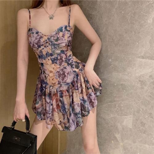 2021 New Summer Slip Dress Korean Fashion Sundress Sexy Floral Casual Ruched Beach Dress Patchwork Women Clothing Strap Dress