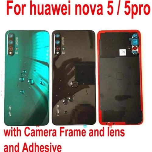 100% Original Back Battery Cover For Huawei Nova 5 / Nova 5 Pro Rear Case Housing Door + Camera Frame Glass Lens with Adhesive