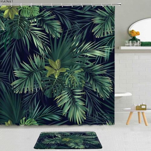 2Pcs Green Yellow Palm Leaf Shower Curtain Tropical Plants Colorful Leaves Bathroom Non-Slip Bath Mat Cloth Curtains Set Decor