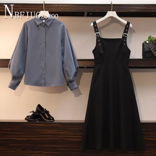 2020 Autumn New Plus Size Fashion Women Sets Long Sleeve Blouse And Suspender Dress Female Sets