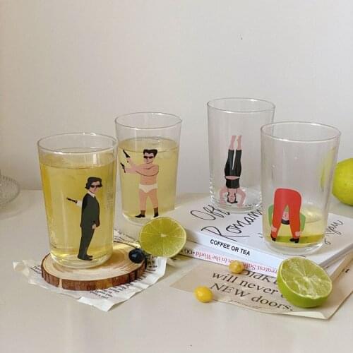 250-300ml Creative Abstract Cartoon Glass Cup Ins Korean Figures Pattern Beer Iced Coffee Soda Juice Cola Flat Cup Drinkware