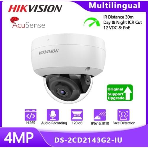 Hikvision Acusense Vandal Resistant DS-2CD2143G2-IU 4MP Dome Network Camera with 2.8mm Lens Built-in Microphone H.265+IP67 POE