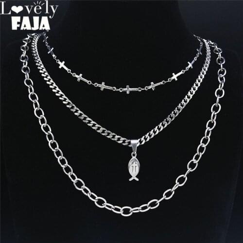 Hip Hop Fish Cross Stainless Steel 3 Letter Layer Punk Chain Necklace Women/Men Jewelry 2021 colier acier inoxydable NXS03