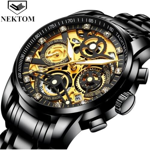 Nektom Black Watch Men Fashion Sport Quartz Clock Mens Watches Top Brand Luxury Chronograph Waterproof Watch Relogio Masculino