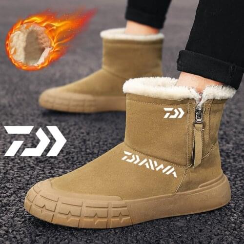 DAIWA 2021 Brand Winter Men Fishing Snow Boots Leather Ankle Boots Outdoor Cotton Waterproof Fashion Fur Warm Short Shoes