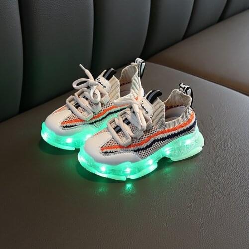 Childrens luminous shoes spring and autumn style childrens shoes breathable fly weave sports shoes colorful bright shoes