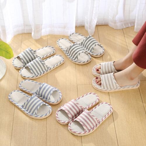 Linen Indoor Slippers Four Seasons Striped Cotton Slippers Couples Absorbing Sweat Soft Bottom Home Wood Floor Sandals
