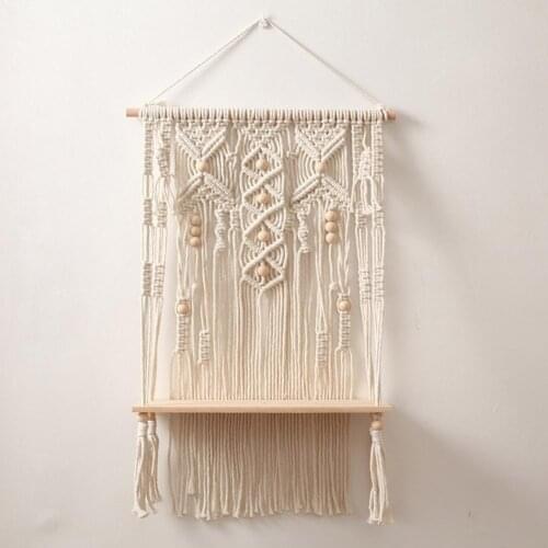 Macrame Tapestry Rack Hand-Woven Tapestry Rack Wooden Shelf For Wall Bohemian Decorative Shelf Wall Hanging Shelf Ornament