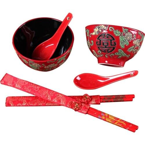 Chinese red porcelain dinner bowl lovers couple wedding dowry gift bridesmaid chopsticks spoon tableware ceramic dinnerware set