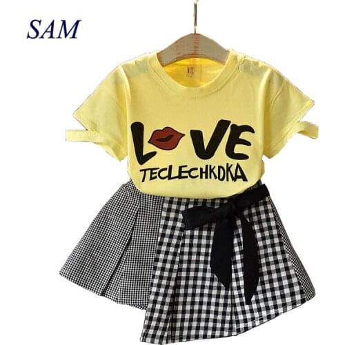 2019 summer new girls sweet letter print short sleeve + plaid irregular suit clothes childrens cotton fashion clothing sets