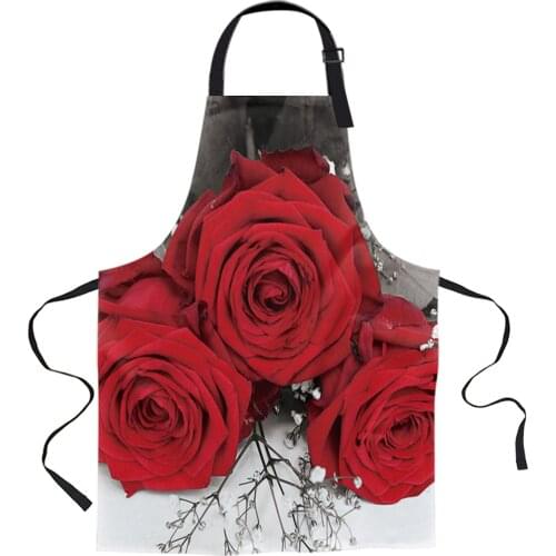 Red Rose Flower Printed Kitchen Cooking Baking Aprons Canvas Sleeveless For Women Man Kids Home Delantal Cocina
