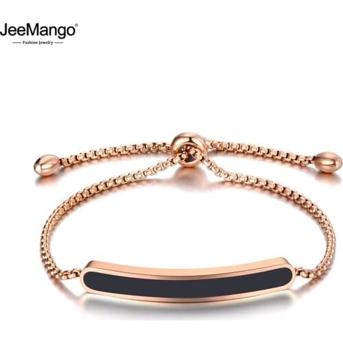 JeeMango Titanium Stainless Steel Black/White Glaze Chain & Link Bracelets For Women Rose Gold Adjustable Size Bracelet JB19070
