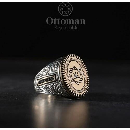 Oğuz Kagan Mens Ring Model - 925 Sterling Silver Ring with Engraving Art and Micro Stone