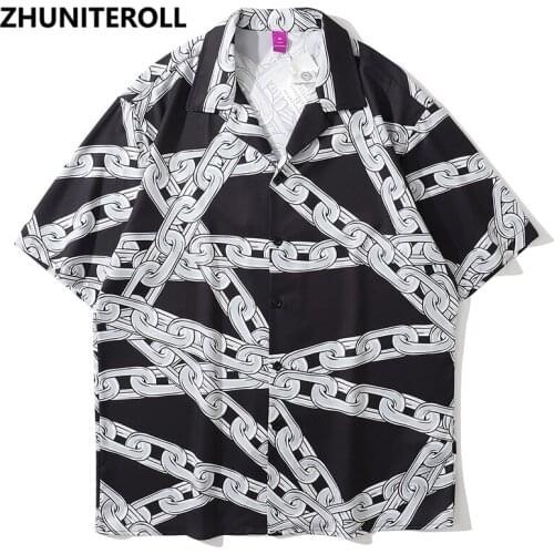 Fashion 2021 Hawaiian Beach Shirts Chain Print Hip Hop Button Shirt Mens Harajuku Casual Short Sleeve Holiday Party Blouse Tops