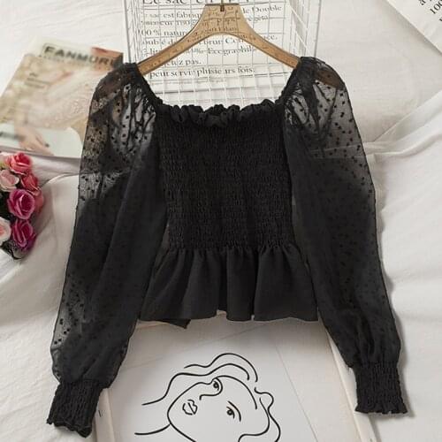 Fashion Square Collar Women Autumn Shirts Solid Color Puff Sleeve Slim Blouses Tops Sexy Long Sleeve Shirt