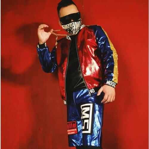 Mens leather jacket singer pu coat men jackets Blue red gold stitching clothes personalized stage street dance rock fashion b681