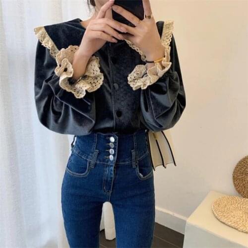 Alien Kitty Gentle Vintage Lace Velvet Tops Thicken 2020 Plus Peter Pan Collar Sweet Chic Retro Casual All-Match Stylish Blouses