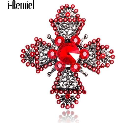 New Red Crystal Rhinestone Cross Brooches Luxury Jewelry Coat Lapel Pin Dress Shawl Buckle Cardigan Vintage Wedding Accessories