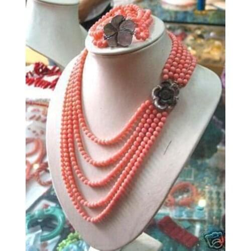 Prett Lovely Womens Wedding 6mm PINK CORAL BEAD NECKLACE 17-21" BRACELET 7.5" SET natural Luxury Ms. girl Wedding Jewelry