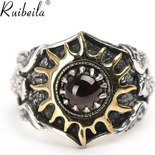 Ruibeila925 bague en argent rétro soleil motif aigle volant bague rétro gemme rouge bague à la mode pour homme