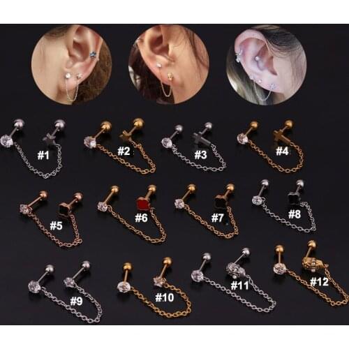 1Pc 1.2*6mm Cz Tassel Cartilage Earring Helix Piercing Jewelry Star Cross Skull Tragus Conch Rook Earlobe Screw Chain Earrings