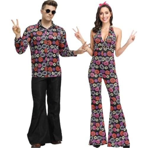 Adult Men Women Vintage 70s Disco Costume Retro Dazzler Diva Dress Bell Bottom 70s Hippie Costume Party Outfit Halloween Costume