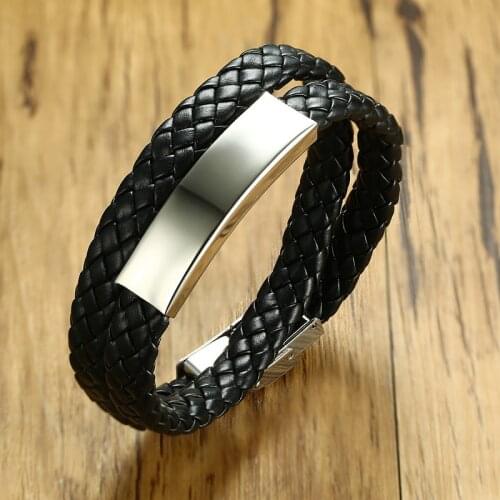 Vnox Mens Stainless Steel Identification Bracelet Black Braided Double Layers Leather Rope Wrap Bracelets Bangles Male Jewelry
