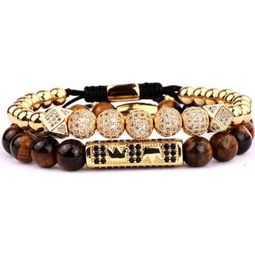 High Quality New Luxury CZ Micro Pave Ball Crown Charms Tiger Eyes Stone Beaded Adjustable Bracelet Men Women
