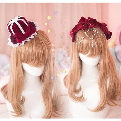 Retro Red Velvet Bowknot HairPin Pearl Chain KC Headwear Girl Cute Side Clip Hair Ornament Hairpin B1451