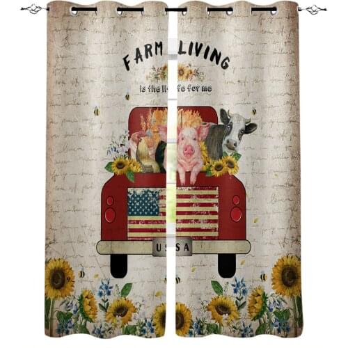 Farm Pig Chicken And Cow Vintage Truck Sunflower Blackout Curtains For Kitchen Bedroom Kids Room Window Curtains for Living Room